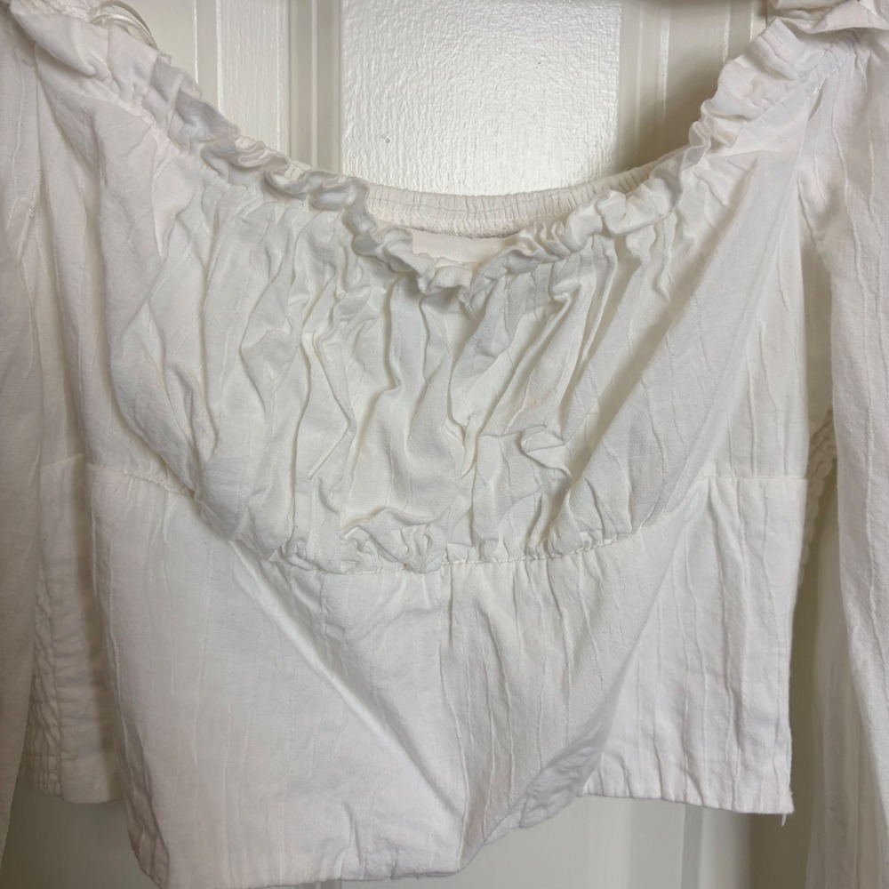 Coquette White Ruffle Long Sleeve Smocked Crop Top Sweetheart Neck S - Picture 3 of 7